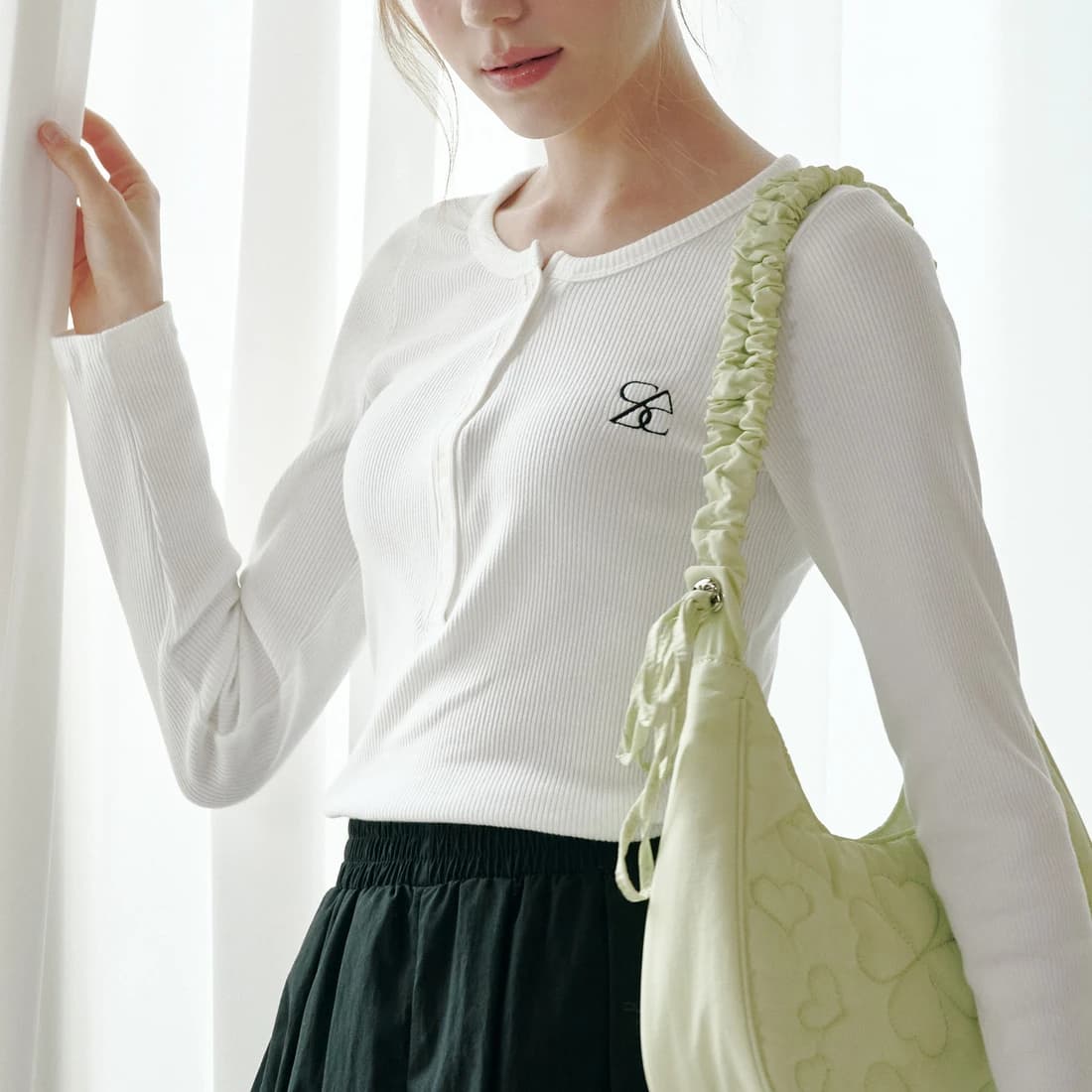 ヘンリーネック 長袖Tシャツ - Ivory