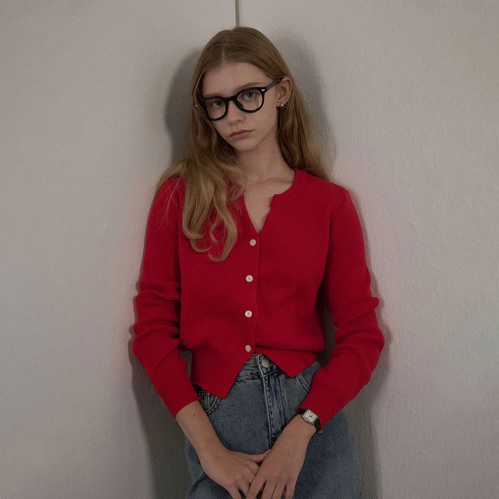SLIT RIBBED KNIT CARDIGAN RED