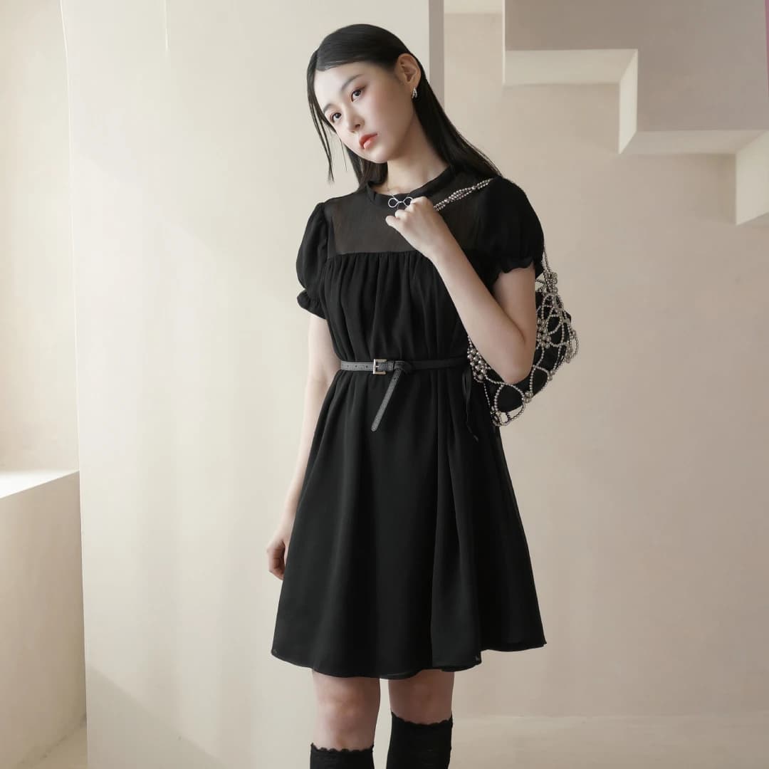 Sheer ribbon dress(Black)