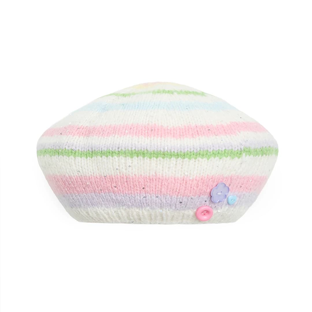 Stripe Button Knit Beret (Pastel)