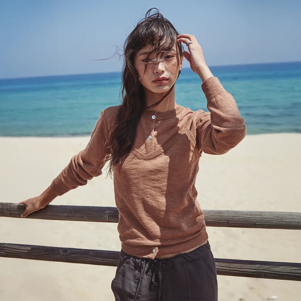 Pale Linen Cardigan/Sleeveless Set Camel
