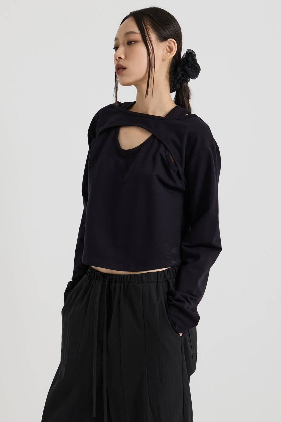 コットン レイヤード ロングスリーブTシャツ - Black