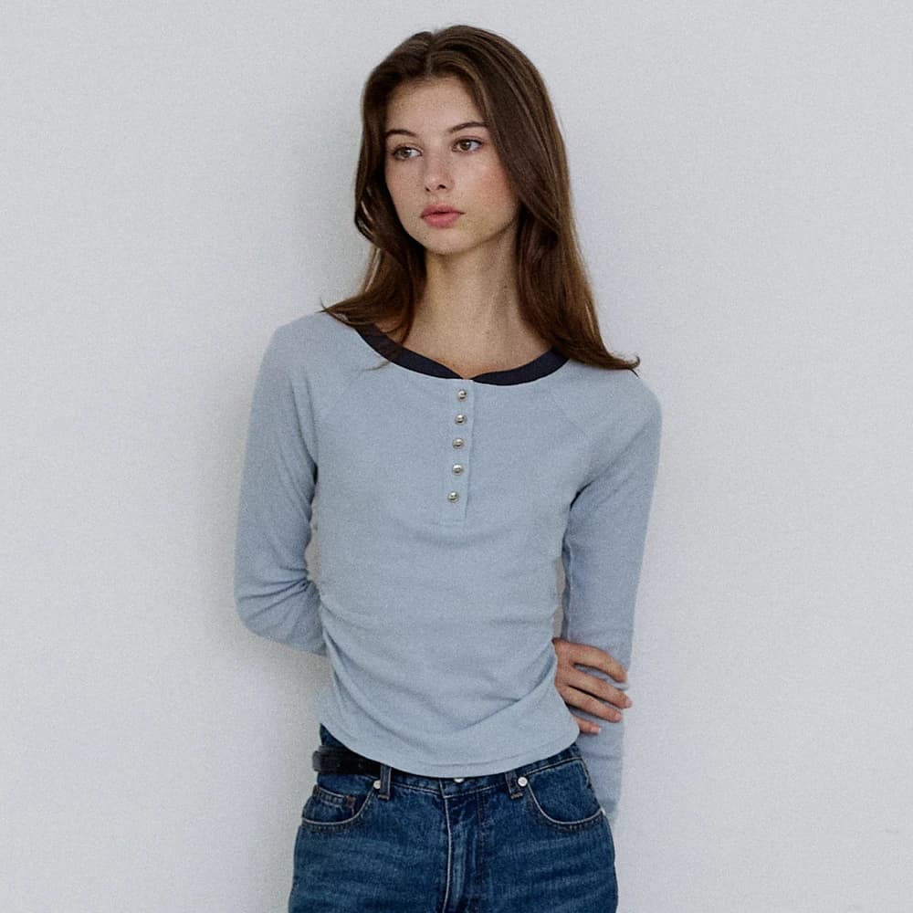 ヘンリーネックシャーリングロングスリーブ - Baby blue