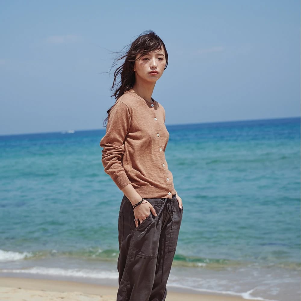 Pale Linen Round Cardigan Camel