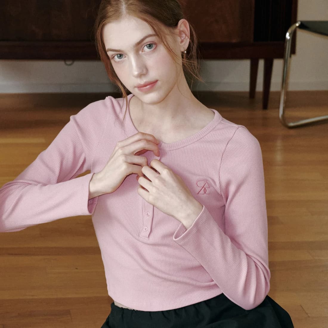 ヘンリーネック 長袖Tシャツ - Pink