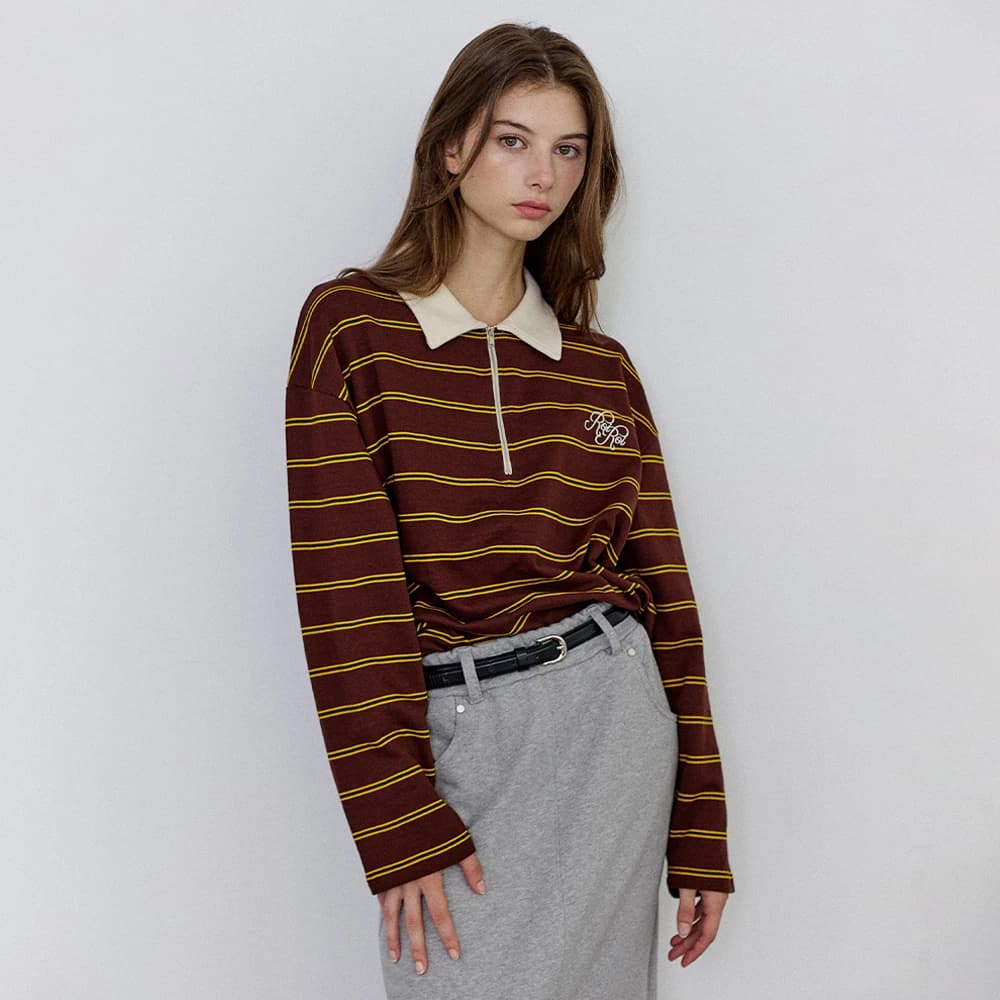 ストライプポロロングスリーブTシャツ - Brown