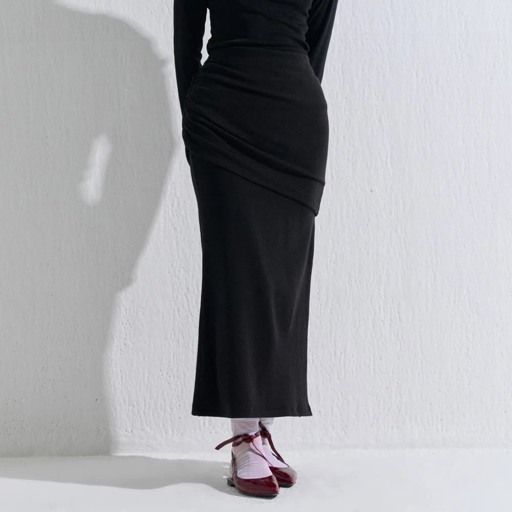 TERRY SHIRRING LONG SKIRT BLACK