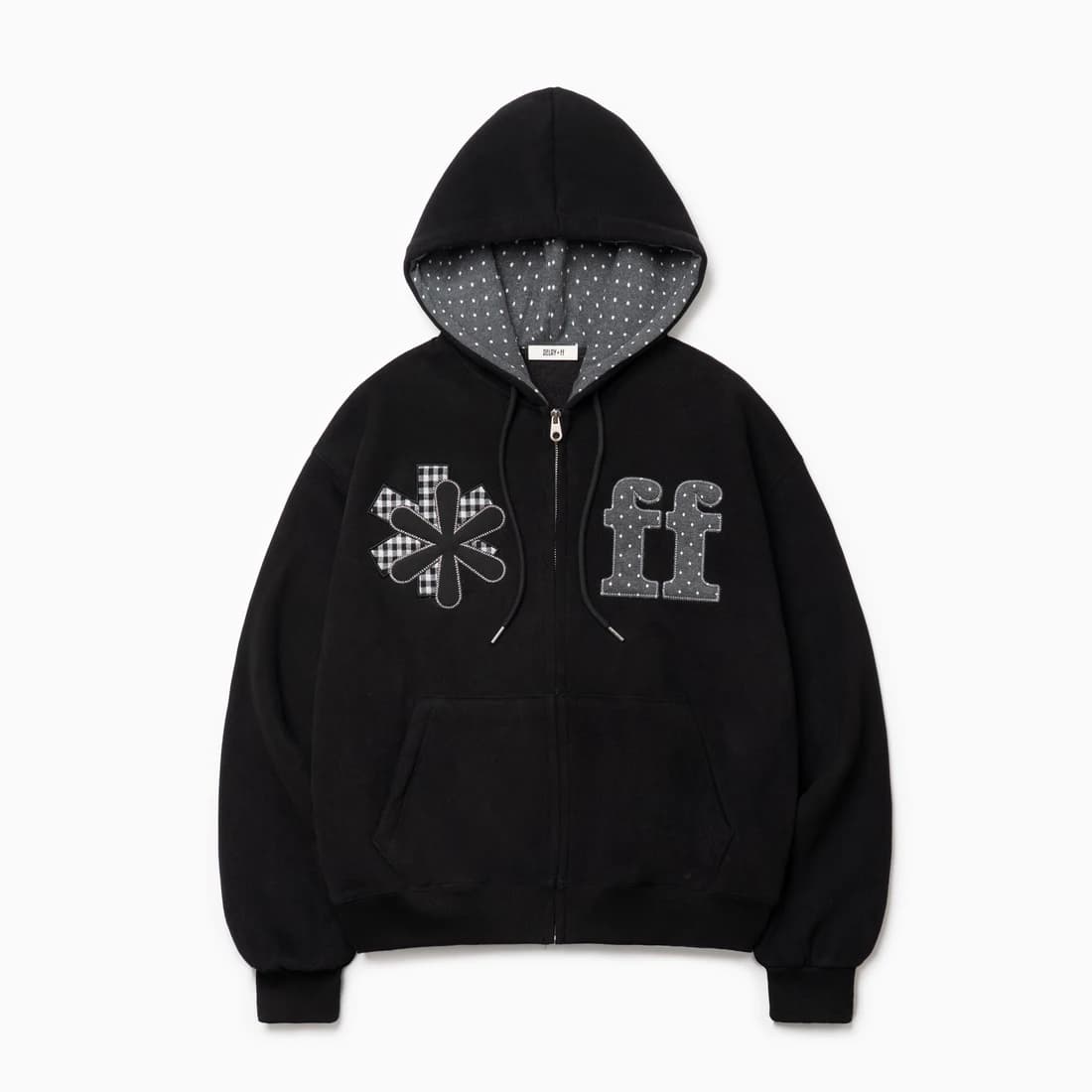 PATCHWORK APPLIQUE HOOD ZIP-UP BLACK