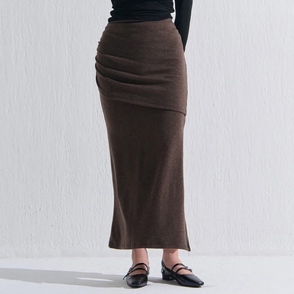 TERRY SHIRRING LONG SKIRT BROWN