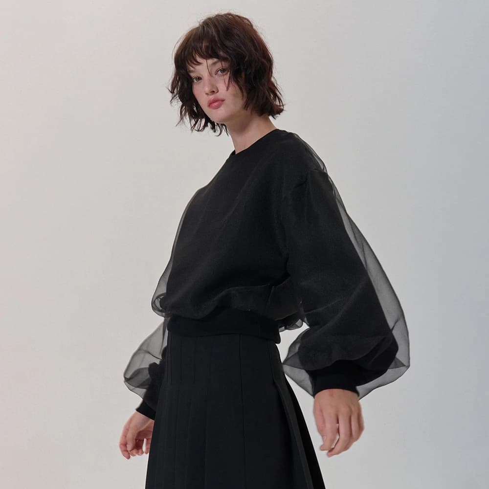 ORGANZA SHIRRING SWEATSHIRT BLACK